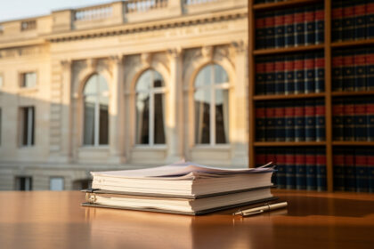 Façade d'un bâtiment institutionnel français au crépuscule, lumière dorée sur la pierre, documents juridiques posés sur un bureau en bois.