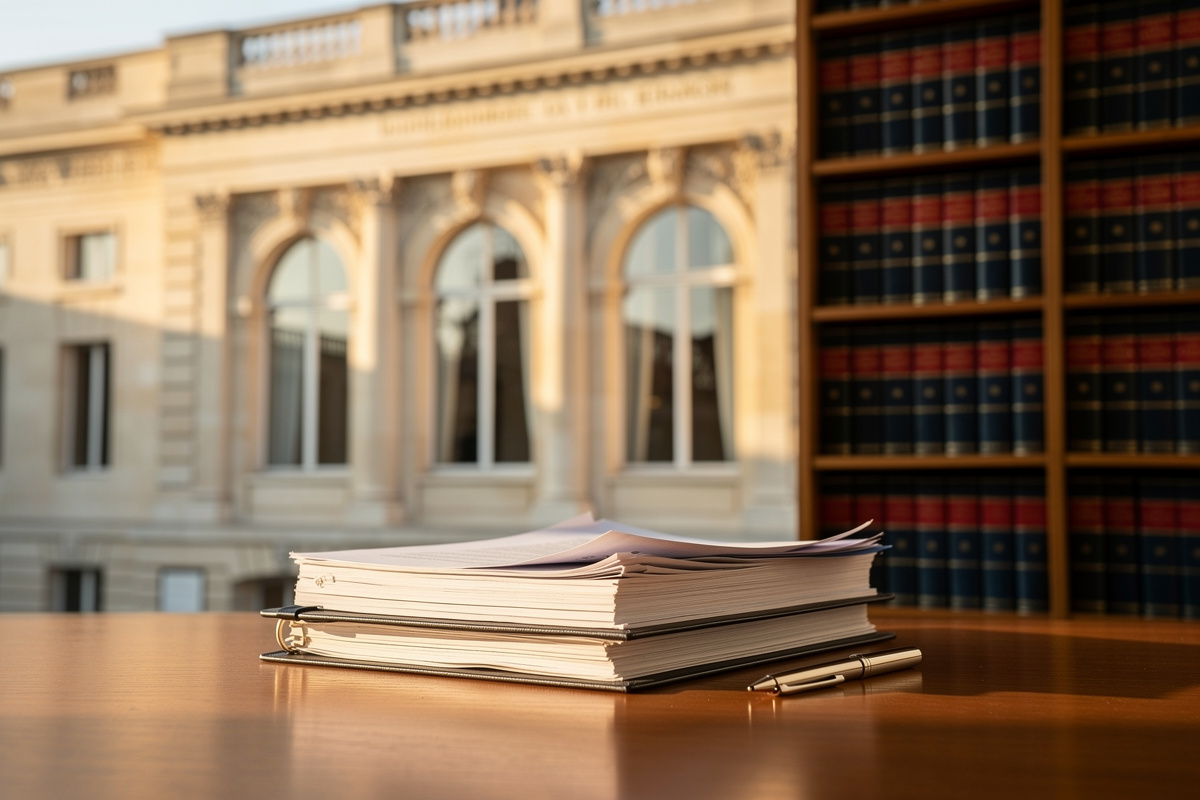 Façade d'un bâtiment institutionnel français au crépuscule, lumière dorée sur la pierre, documents juridiques posés sur un bureau en bois.