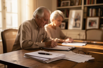Couple senior à la table d'une pièce parisienne consultant des documents juridiques sous la lumière douce d'une fin d'après-midi.
