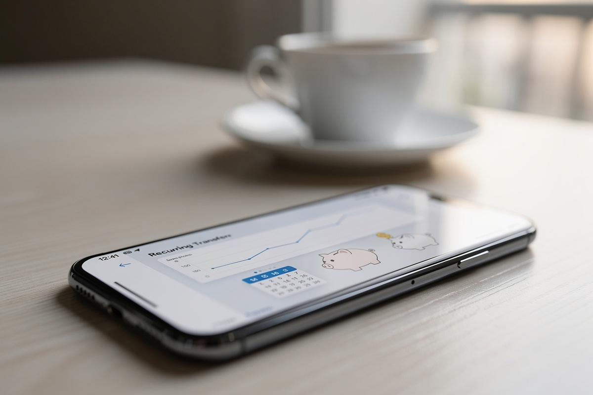Smartphone tenu en main montrant l'écran de programmation d'un virement récurrent sur une application d'investissement, posé près d'une tasse de café.