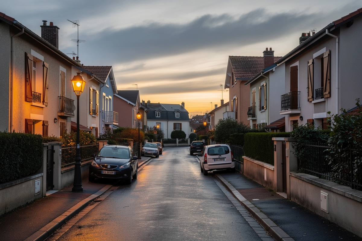 Rue résidentielle française paisible au crépuscule, ambiance urbaine calme.