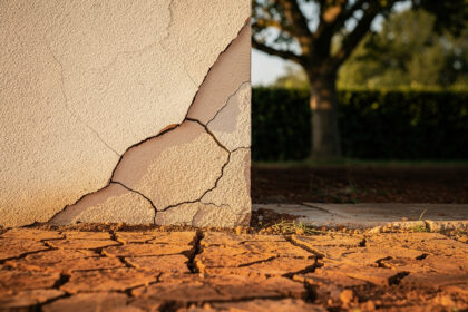 Fissures diagonales sur le mur d'une maison individuelle en France, avec un sol argileux fissuré au pied de la façade.