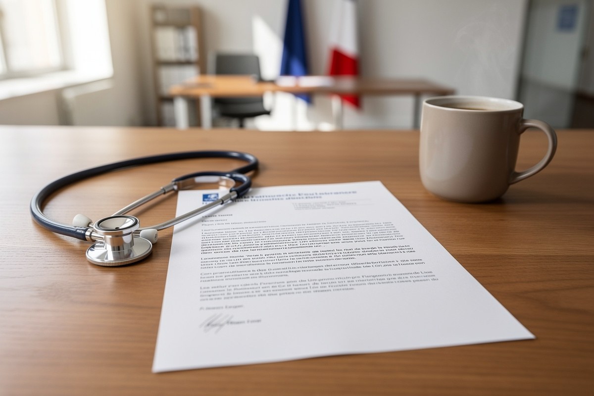 Bureau de service public avec courrier officiel sur la mutuelle, stethoscope et tasse de cafe sur un plan de travail en bois.