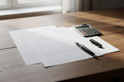 Contrat d'assurance papier, stylo plume et calculatrice posés sur un bureau en bois clair, lumière douce.