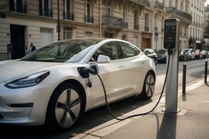 Voiture électrique blanche branchée à une borne de recharge dans une rue de ville française