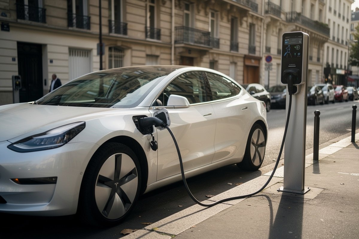 Voiture électrique blanche branchée à une borne de recharge dans une rue de ville française