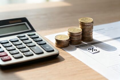 Calculatrice à côté de piles de pièces en euros et d'un document d'épargne avec un symbole pourcentage