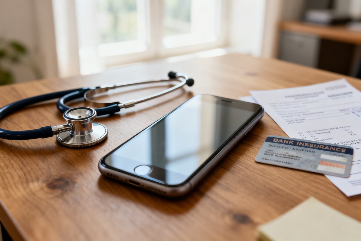 Smartphone posé sur un bureau à côté d'un stéthoscope, d'une carte d'assuré et d'ordonnances