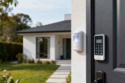 Clavier d'alarme sans fil et détecteur de mouvement fixés près d'une porte d'entrée