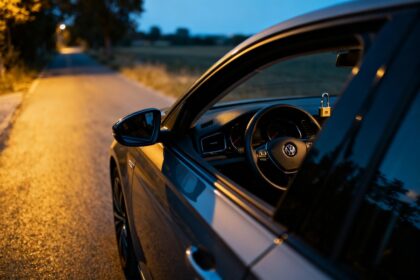 Voiture moderne stationnée dans une rue calme au crépuscule avec un bloque-volant visible à l'intérieur