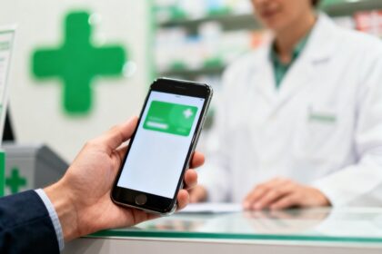 Personne présentant l'appli carte Vitale sur son smartphone au comptoir d'une pharmacie