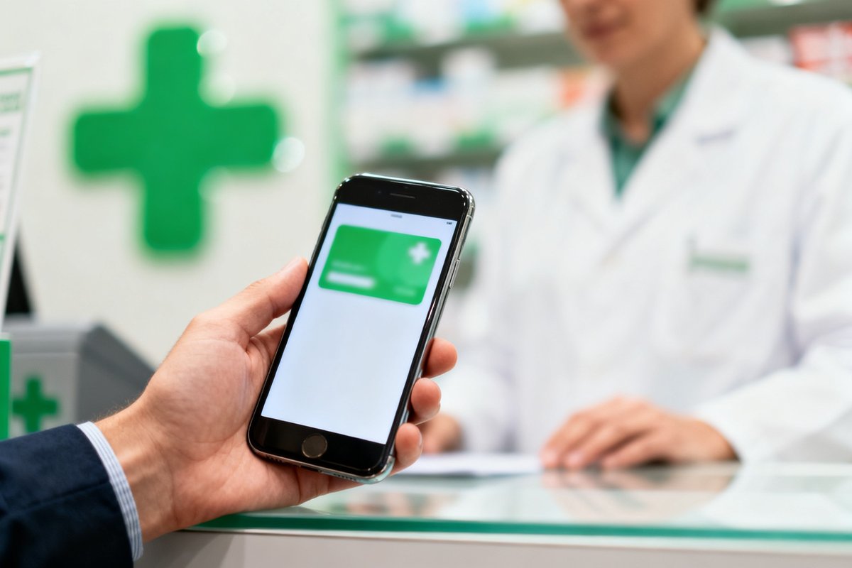 Personne présentant l'appli carte Vitale sur son smartphone au comptoir d'une pharmacie