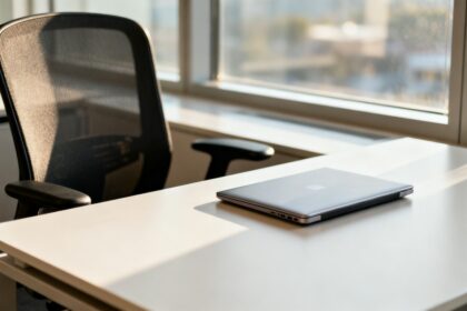 Bureau de travail vide près d'une fenêtre, ordinateur portable fermé et chaise inoccupée dans un open space