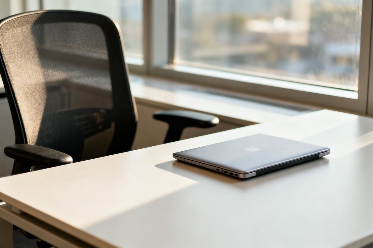 Bureau de travail vide près d'une fenêtre, ordinateur portable fermé et chaise inoccupée dans un open space