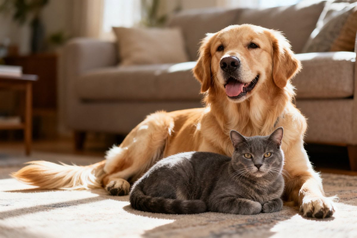 Un chien et un chat assis ensemble sur le sol d'un salon chaleureux