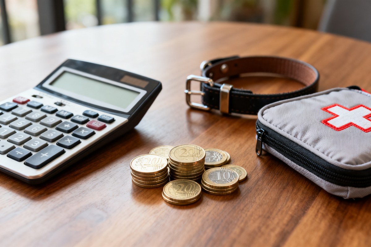Calculatrice et pièces en euros à côté d'un collier de chien et d'une petite trousse de soins