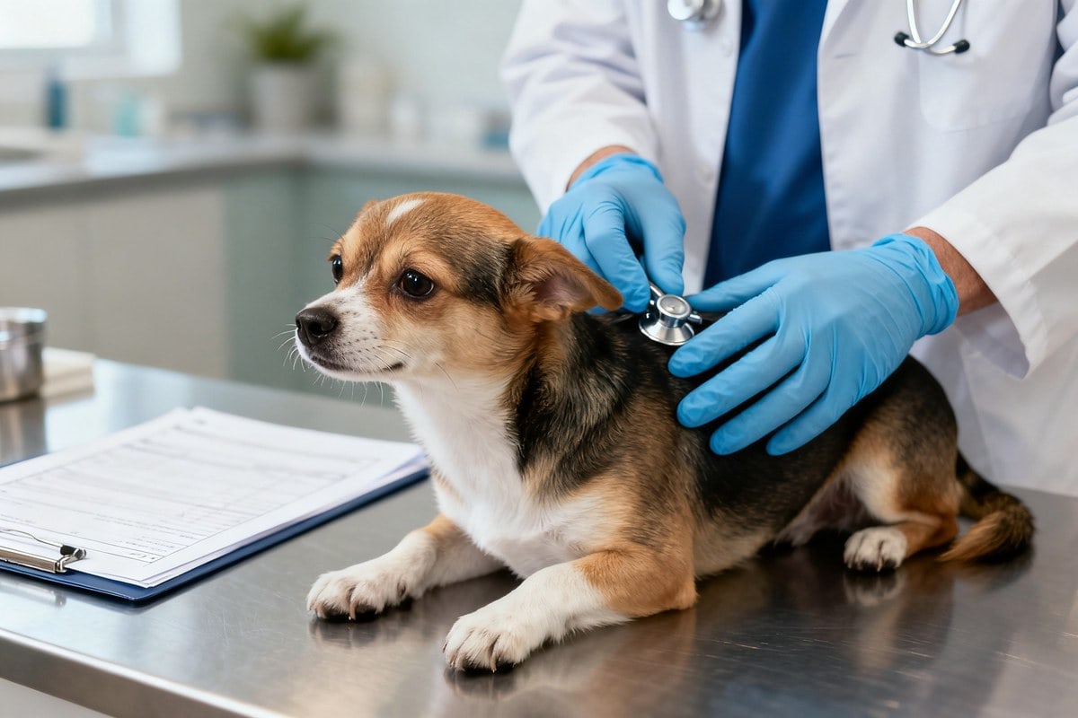 Mains gantées d'un vétérinaire examinant un petit chien sur la table d'une clinique