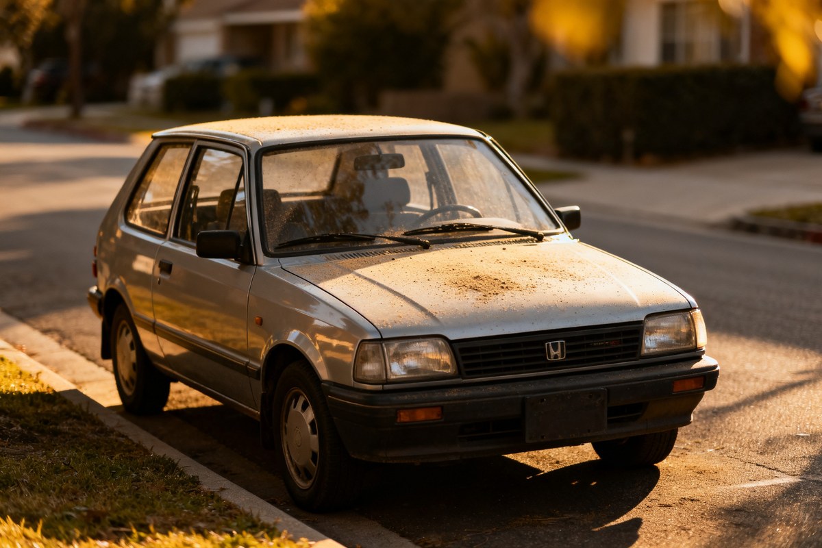 Petite voiture ancienne et modeste stationnée dans une rue calme en plein jour