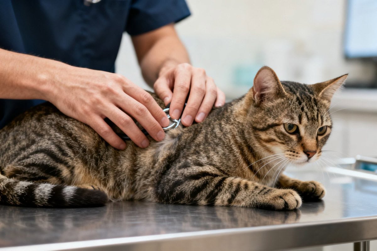 Chat tigré examiné délicatement sur la table d'une clinique vétérinaire
