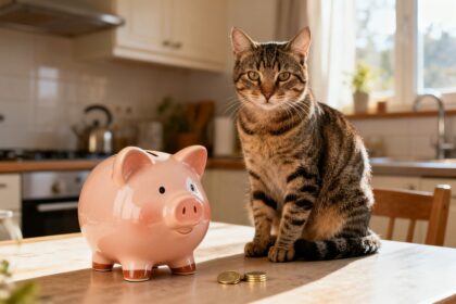 Chat tigré assis à côté d'une tirelire et de quelques pièces en euros sur une table de cuisine