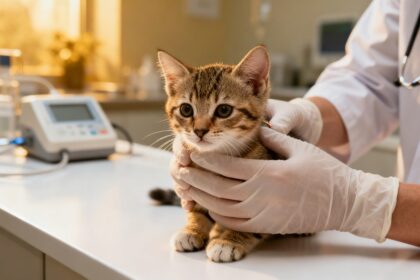 Chaton tenu délicatement lors d'un contrôle d'identification par puce dans une clinique vétérinaire