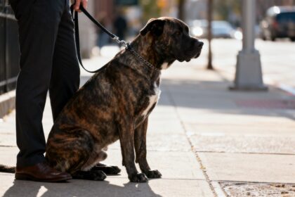 Grand chien en laisse assis calmement près des jambes de son maître sur un trottoir de ville
