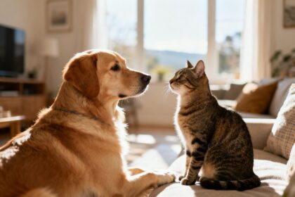 Un chien et un chat assis côte à côte se regardant dans un intérieur lumineux