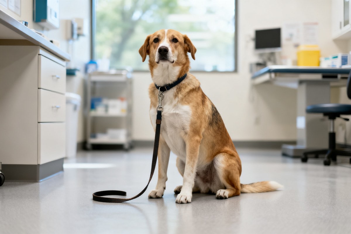 Chien adulte en bonne santé assis sur le sol d'une clinique vétérinaire avec une laisse