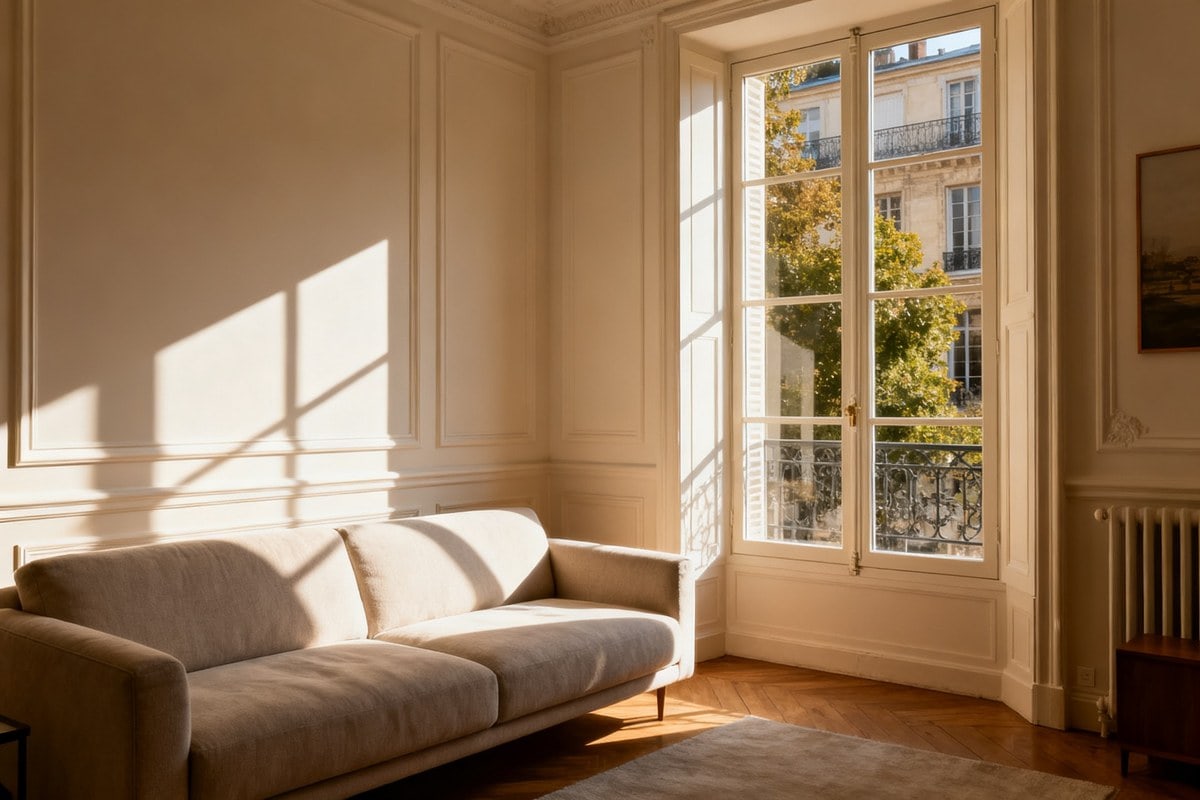 Intérieur lumineux et chaleureux d'un salon d'appartement français avec un canapé et une grande fenêtre