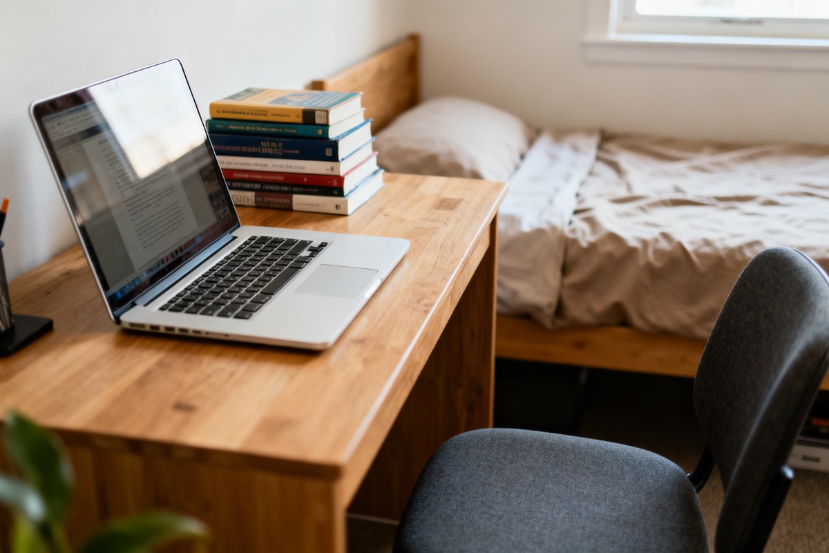 Petite chambre d'étudiant bien rangée avec un bureau, un ordinateur portable, des livres et un lit