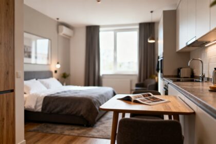 Studio meublé moderne avec un lit, une table et une kitchenette, lumière naturelle douce