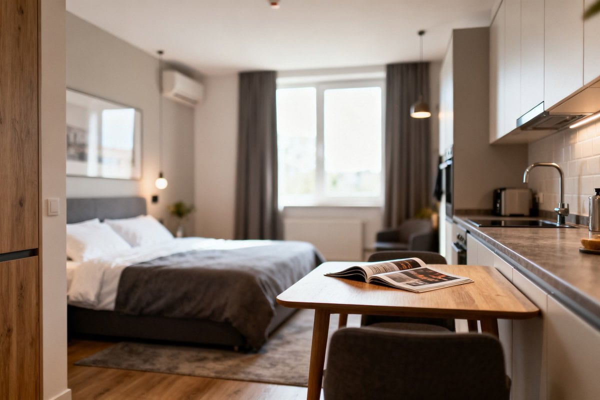 Studio meublé moderne avec un lit, une table et une kitchenette, lumière naturelle douce