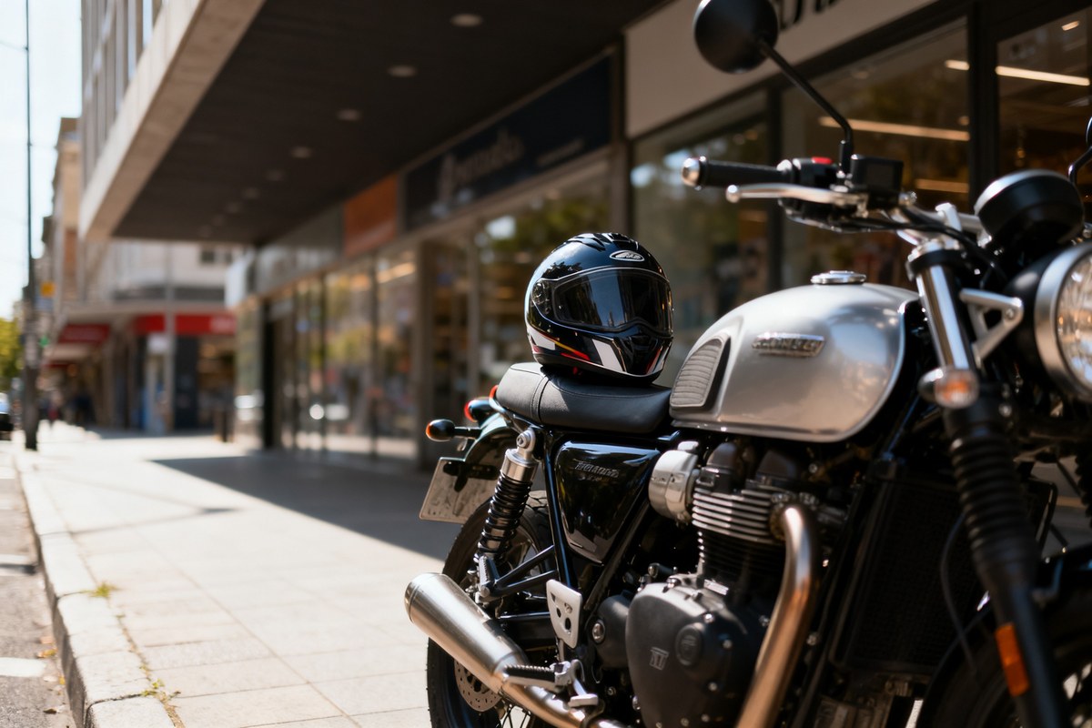 Moto stationnée avec casque en ville