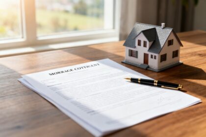 Contrat de prêt immobilier avec un stylo et une maison miniature posés sur un bureau en bois
