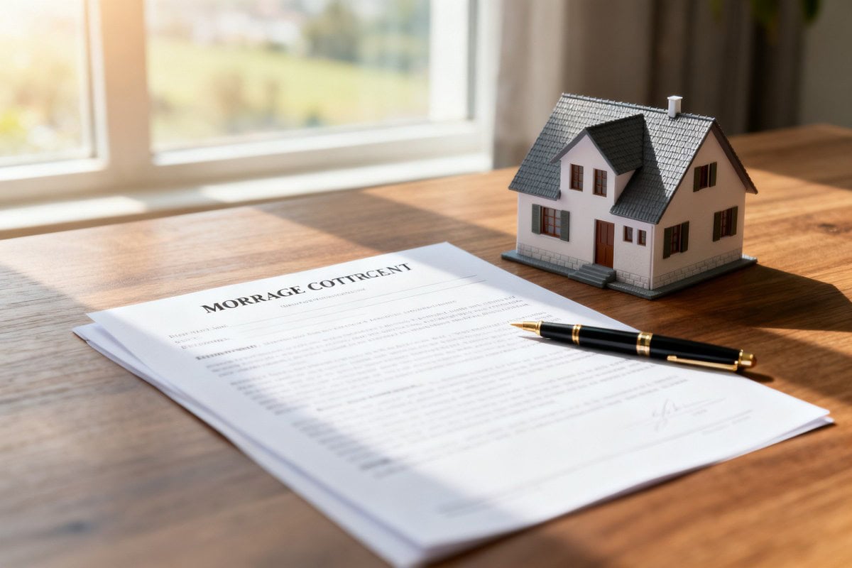 Contrat de prêt immobilier avec un stylo et une maison miniature posés sur un bureau en bois