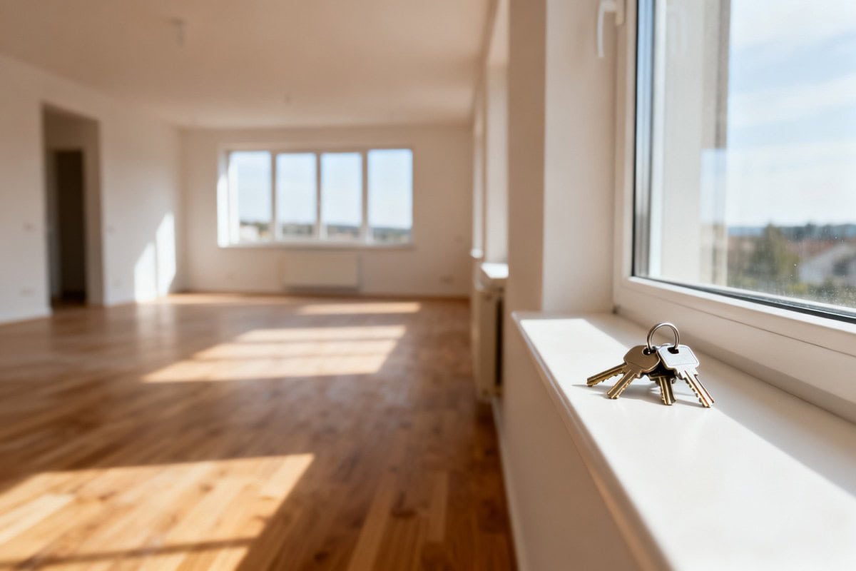 Intérieur d'un appartement vide et lumineux avec un trousseau de clés sur le rebord de fenêtre