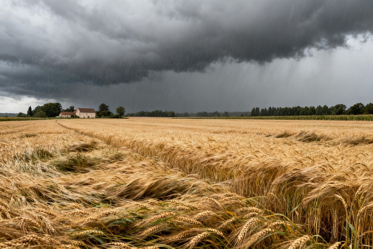 Champ de céréales français sous un ciel d orage, blé mûr partiellement couché par le vent