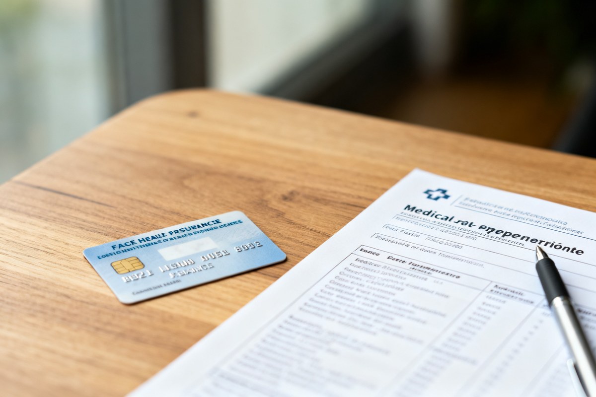 Carte d'assurance maladie à côté d'un relevé de remboursement et d'un stylo sur une table