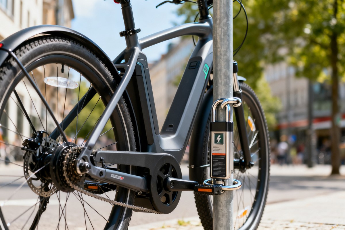 Vélo à assistance électrique attaché avec un antivol en ville