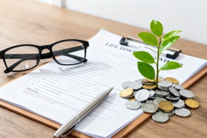 Chemise de contrat d'assurance vie ouverte avec un stylo, des lunettes et une plante poussant de pièces