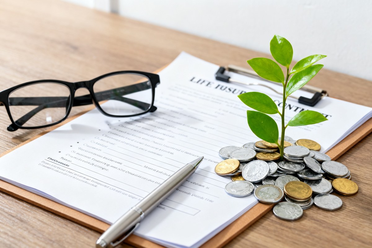 Chemise de contrat d'assurance vie ouverte avec un stylo, des lunettes et une plante poussant de pièces