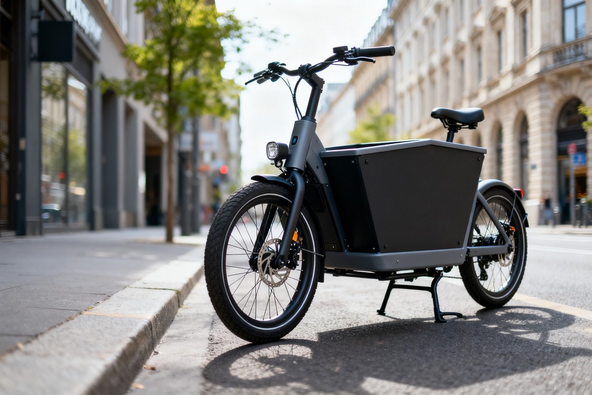 Vélo cargo électrique avec caisse avant en ville