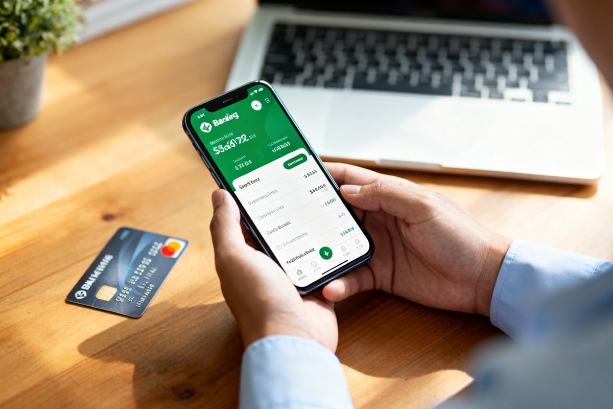 Smartphone affichant une application bancaire au-dessus d'un bureau avec carte et ordinateur