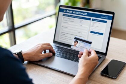 Personne ouvrant un compte bancaire sur un ordinateur portable avec une carte d'identité et un smartphone