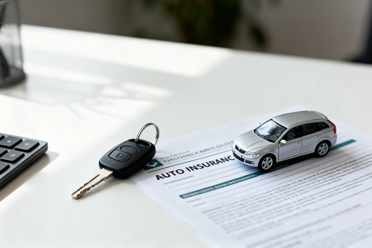 Une clé de voiture, un contrat d'assurance auto et une petite voiture miniature sur un bureau