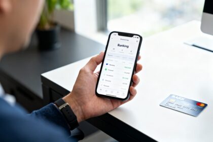 Smartphone affichant un tableau de bord bancaire épuré tenu en main au-dessus d'un bureau moderne