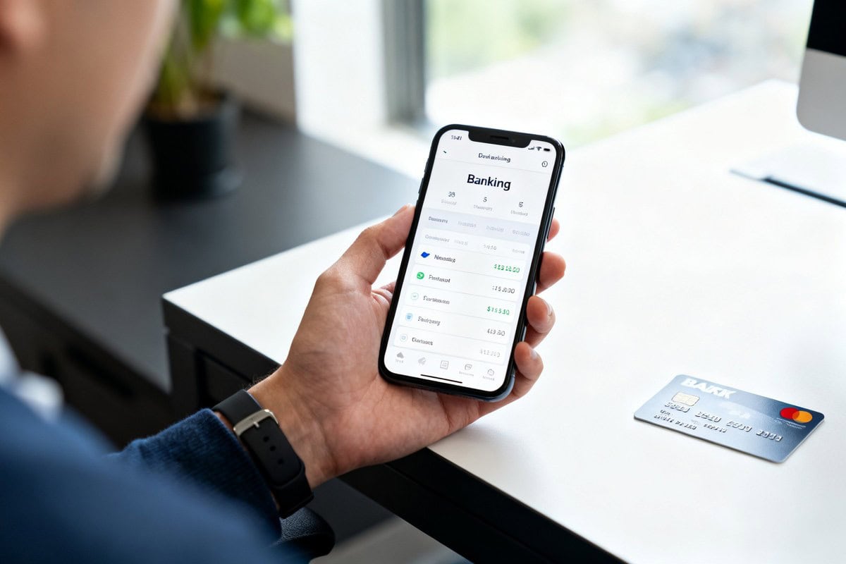 Smartphone affichant un tableau de bord bancaire épuré tenu en main au-dessus d'un bureau moderne