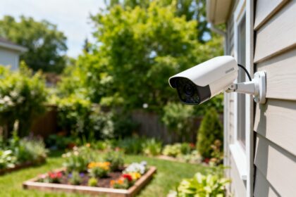 Caméra de surveillance extérieure fixée sur la façade d'une maison et orientée vers un jardin privé