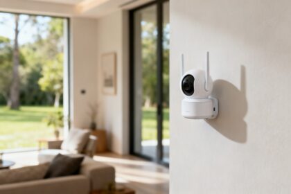 Petite caméra de surveillance wifi blanche fixée sur un mur intérieur d'une maison moderne