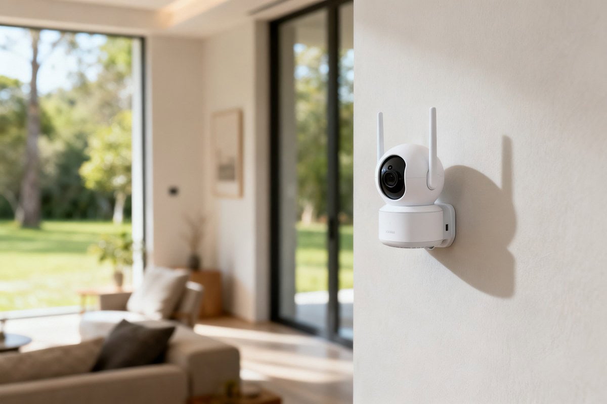 Petite caméra de surveillance wifi blanche fixée sur un mur intérieur d'une maison moderne
